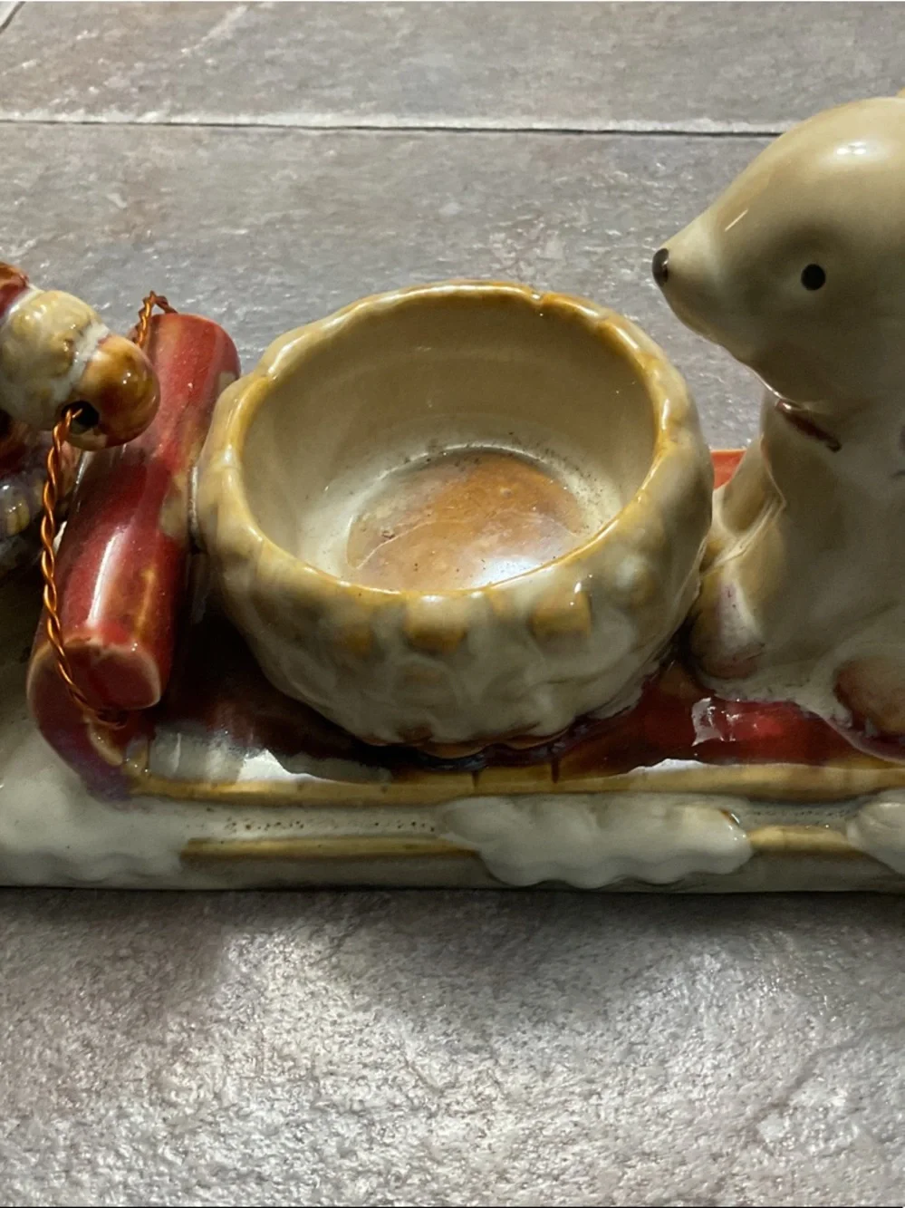 Ceramic Girl & Dog Candle Holder - Green, Red, Cream